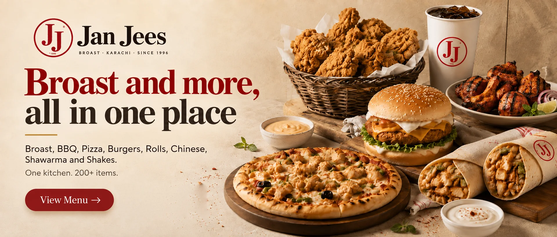 Jan Jees Broast — broast and more, all in one place: broast, BBQ, pizza, burgers, rolls, Chinese, shawarma and shakes.